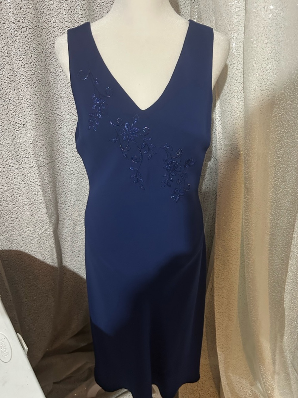 Amanda Smith Deep Navy V-Neck Midi Dress with Beaded Floral Accents